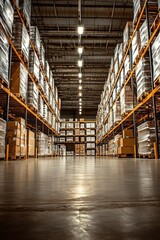 Poster - Vast Warehouse Inventory: Rows of Pallets Stacked High with Goods Efficiently Stored Inside a Modern Distribution Center, Ready for Shipment.