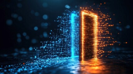Poster - Mysterious open doorway with glowing blue lights illuminating the surrounding area at night