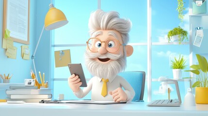 Poster - A 3D business man character sitting at his desk in a bright, sunny office, smiling as he puts his phone down for a break from social media. The uncluttered, 