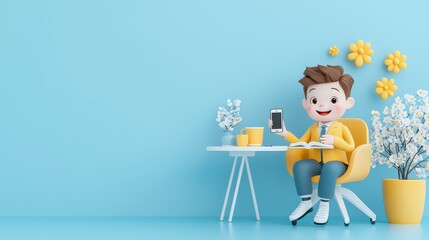 Poster - A cheerful 3D business man character sitting at a desk with a cup of coffee, placing his phone face down to focus on a book or relaxation, symbolizing reduced screen time.