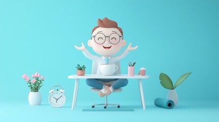 Poster - A cheerful 3D cartoon office worker sitting at a desk, holding a coffee cup in one hand and a yoga mat in the other, symbolizing a balance between work and self-care. 