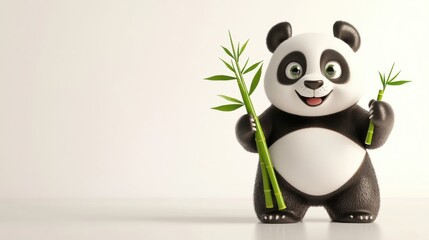 Wall Mural - cute cartoon panda holding bamboo in a fun, playful pose