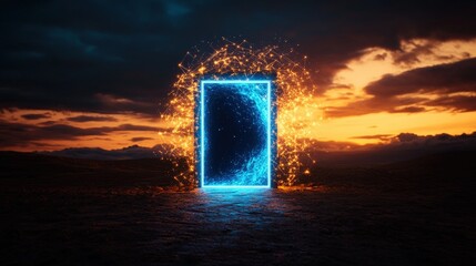 Poster - Mysterious open doorway emitting bright sparks and blue light in a dark environment