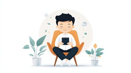 Poster - A cute ASEAN business man character sitting comfortably in a chair, confidently putting his phone away to begin the unplug challenge, focusing on mindful relaxation