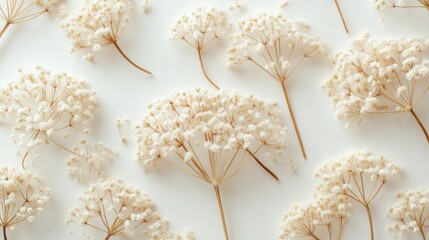 Poster - Dried flowers arranged on white background, flatlay, minimalist design, website banner