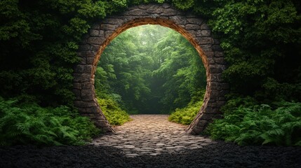 Poster - Stone archway leading into a lush forest path with a mysterious arched doorway entrance