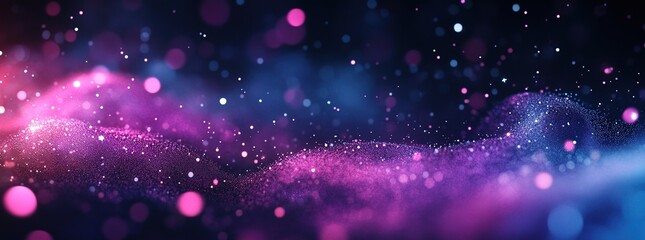 Poster - Purple and Blue Particle Waves Flowing Dynamically in Dark Space, Creating a Mesmerizing Abstract Visual;  Cosmic Dust and Nebulae Simulate Galactic Wonders.