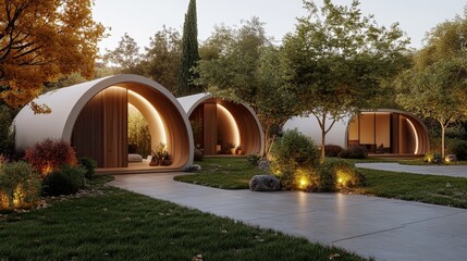 Poster - Group of trees and arched doorways in minimalist interior setting with natural light