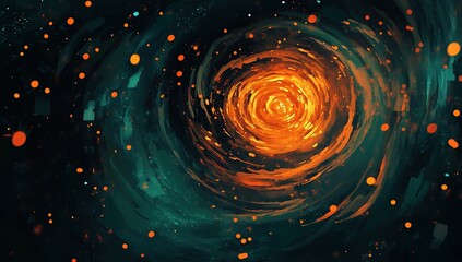 Poster - Abstract Swirling Orange and Teal Vortex Painting with Glowing Particles in Deep Space