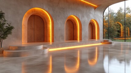 Poster - Minimalist interior room with large window central plant and series of arched doorways in bright lighting