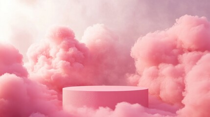 Poster - Soft Pink Clouds Surrounding Rounded Platform in Ethereal Setting