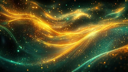 Poster - Golden and Green Particle Waves Flowing Dynamically Across a Dark Background, Abstract Art Design