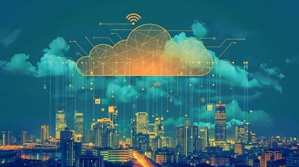 Fototapete - Futuristic illustration of cloud computing network over modern city at night with glowing connections for representing integration of technology and urban smart living innovation concept.