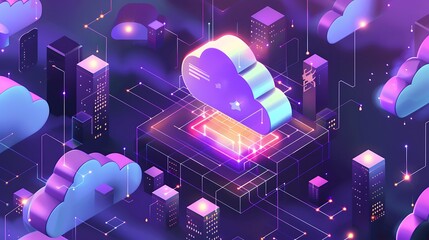 Fototapete - Abstract illustration of a cloud computing network, visualized as a digital cityscape with glowing servers and data transfer pathways.