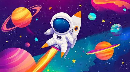 Wall Mural - cute kawaii astronaut and rocket in colorful space with vibrant planets and stars. dream-bound astro