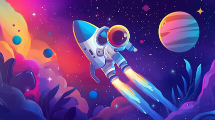 Wall Mural - cute kawaii astronaut and rocket in colorful space with vibrant planets and stars. dream-bound astro