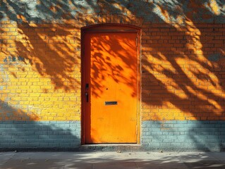 Poster - Red door in front of a brick wall with vivid orange doorway contrasting against a sunlit background