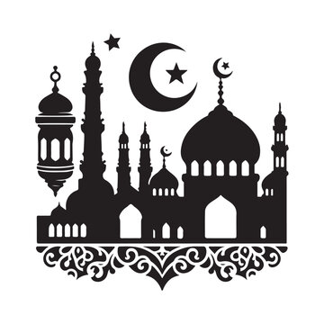 Eid Mubarak Silhouette Vector Illustration, Solid White Background.