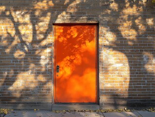 Poster - Red and orange doors contrasting against a sunlit background in a vibrant urban setting