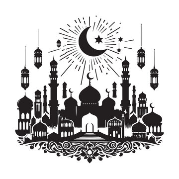 Eid Mubarak Silhouette Vector Illustration, Solid White Background.