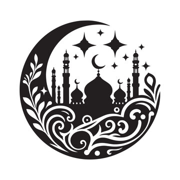 Eid Mubarak Silhouette Vector Illustration, Solid White Background.