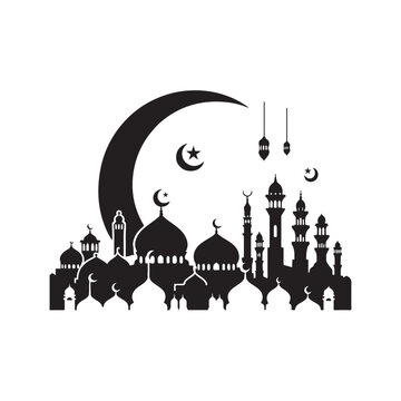 Eid Mubarak Silhouette Vector Illustration, Solid White Background.