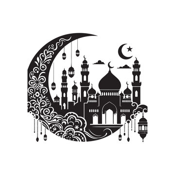 Eid Mubarak Silhouette Vector Illustration, Solid White Background.