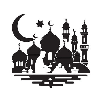 Eid Mubarak Silhouette Vector Illustration, Solid White Background.