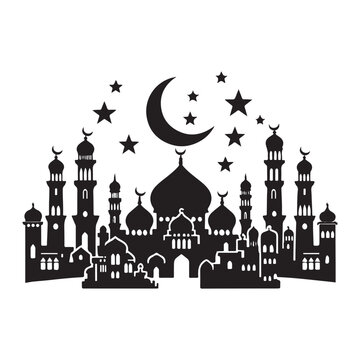 Eid Mubarak Silhouette Vector Illustration, Solid White Background.