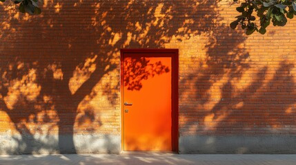Poster - Red door in front of a brick wall with a vivid orange doorway illuminated by sunlight