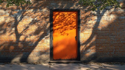 Poster - Brick wall with vivid orange doorway under bright sunlight creating a striking architectural contrast