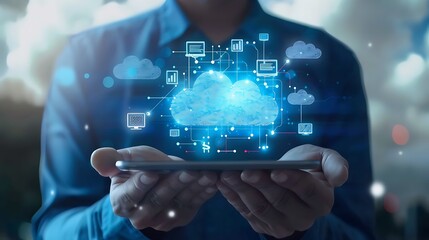 Poster - Person holding tablet showcasing cloud computing concept, symbolizing data storage, network, and digital transformation