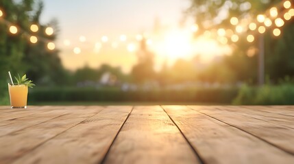 Aufkleber - A rustic wooden table in focus with a softly blurred background, perfect for interior design visuals.