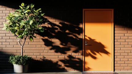 Poster - Potted plant next to a vibrant orange door in a sunlit indoor setting with natural light