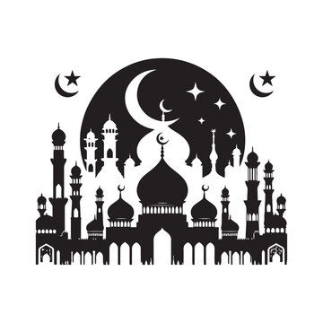 Eid Mubarak Silhouette Vector Illustration, Solid White Background.