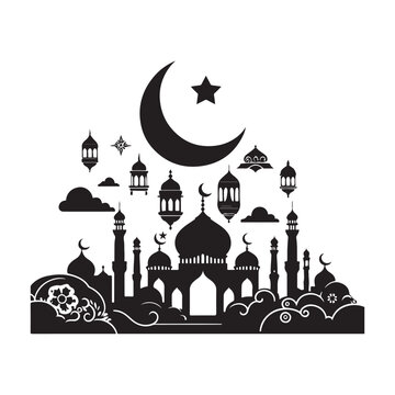 Eid Mubarak Silhouette Vector Illustration, Solid White Background.