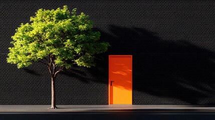 Poster - Tree with bright orange door in front of black wall creating a striking visual contrast in sunlight