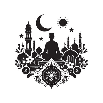 Eid Mubarak Silhouette Vector Illustration, Solid White Background.