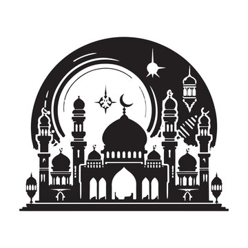 Eid Mubarak Silhouette Vector Illustration, Solid White Background.