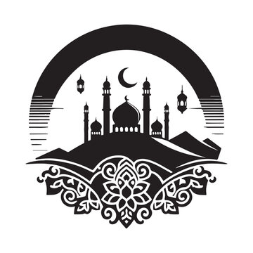 Eid Mubarak Silhouette Vector Illustration, Solid White Background.