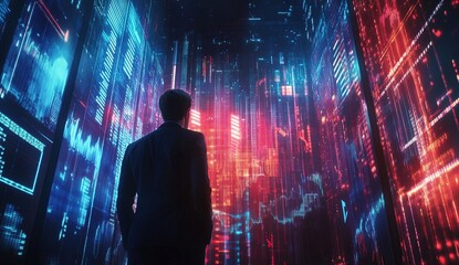 Poster - Analyst Observes Futuristic Data Streams Flowing in a Digital Cityscape at Night