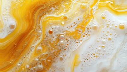 Poster - Abstract Swirling Yellow and White Liquid with Bubbles: A Visually Stunning Macro Shot of Textured Fluid Dynamics