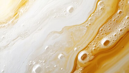 Poster - Abstract Liquid Swirls with Bubbles: Close-up View of Creamy, Golden Fluid Texture, Showing Air Bubbles in Motion and a Smooth