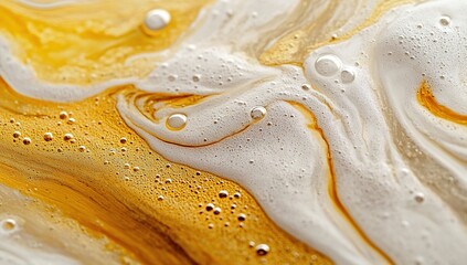 Poster - Abstract Fluid Art: Swirling Gold and White Paint, Bubbles, Close-up Macro Photography, Textured, Dynamic, Viscous, Detailed Image
