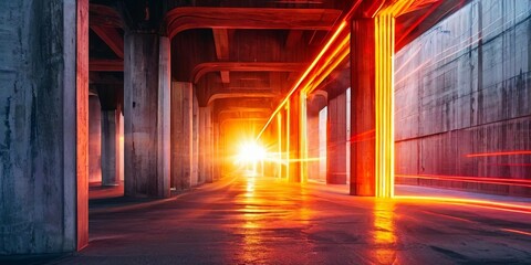 Poster - A long, empty hallway with orange lights on the ceiling