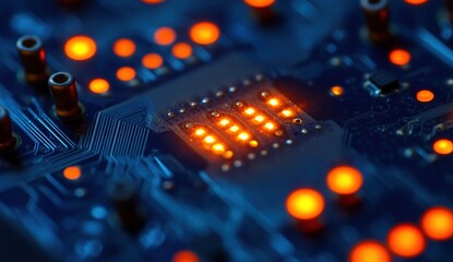Poster - Exploring Circuit Boards:  Illuminated Pathways of Digital Technology and Advanced Electronics, Close-Up View.