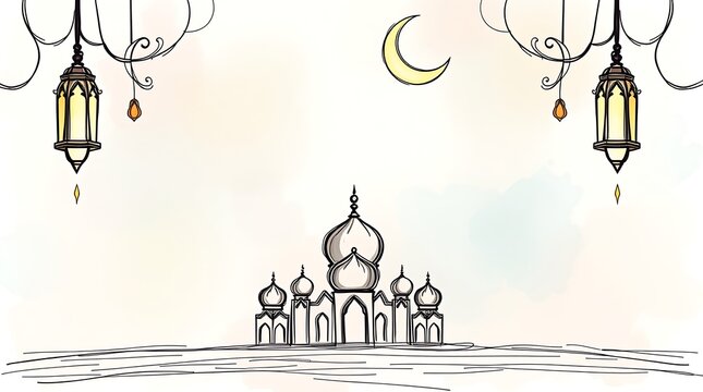 Islamic greeting card with ramadan kareem calligraphy and islamic ornament mosque vector design background