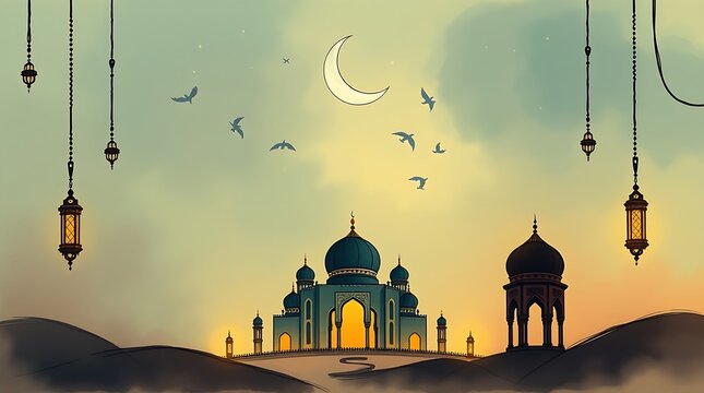Islamic greeting card with ramadan kareem calligraphy and islamic ornament mosque vector design background