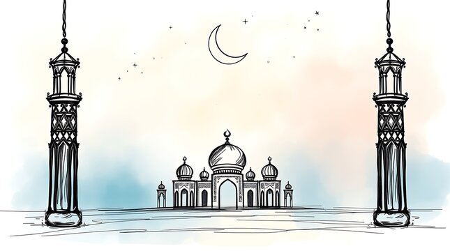 Islamic greeting card with ramadan kareem calligraphy and islamic ornament mosque vector design background