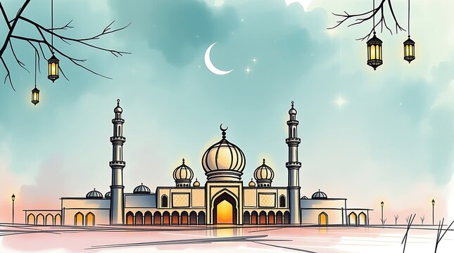 Islamic greeting card with ramadan kareem calligraphy and islamic ornament mosque vector design background